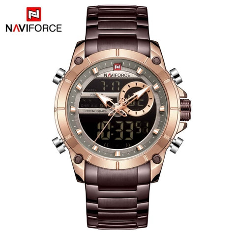 NAVIFORCE Men Military Sport Wrist Watch Gold Quartz Steel Waterproof Dual Display Male Clock Watches Relogio Masculino 9163