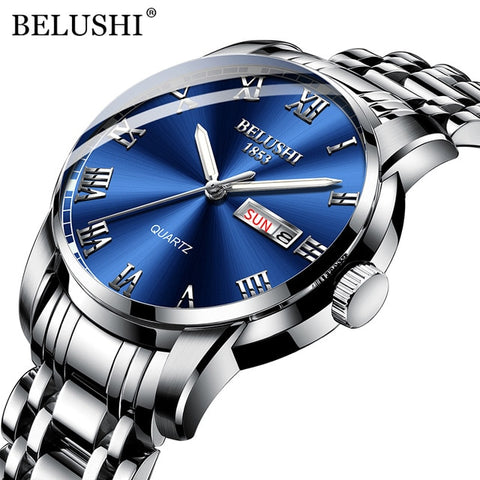 BELUSHI Top Brand Luxury Mens Watches Luminous Waterproof Stainless Steel Watch Quartz Men Date Calendar Business Wristwatch