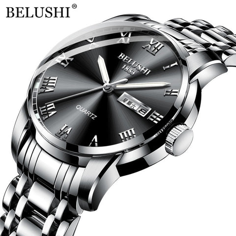 BELUSHI Top Brand Watch Men Stainless Steel Business Date Clock Waterproof Luminous Watches Mens Luxury Sport Quartz Wrist Watch