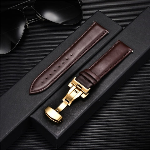 Smooth Genuine Calfskin Leather Watchband 18mm 20mm 22mm 24mm Straps with Solid Automatic Butterfly Buckle Business Watch Band