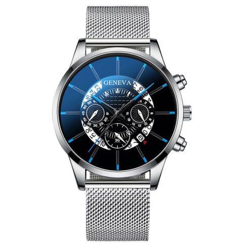 Luxury Men's Fashion Business Calendar Watches Blue Stainless Steel Mesh Belt Analog Quartz Watch relogio masculino