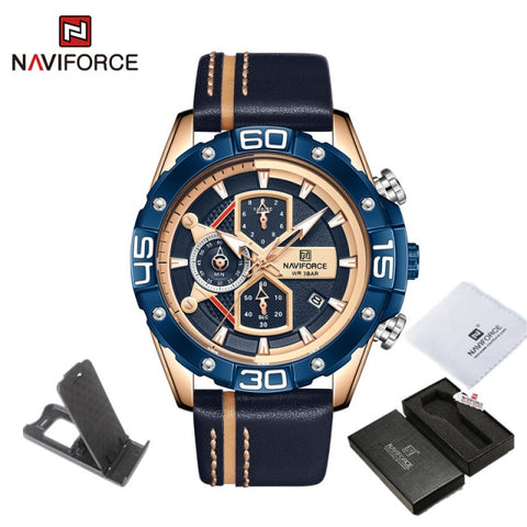 NAVIFORCE Sport Watches for Men Luxury Brand Blue Military Genuine Leather Wrist Watch Man Clock Fashion Chronograph Wristwatch