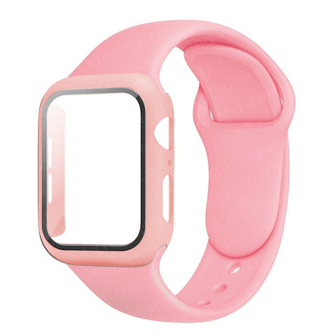 Glass+Case+Strap For Apple Watch band 44mm 40mm 38mm 42mm 40 44 mm Silicone smartwatch watchband bracelet iWatch 3 4 5 6 se band