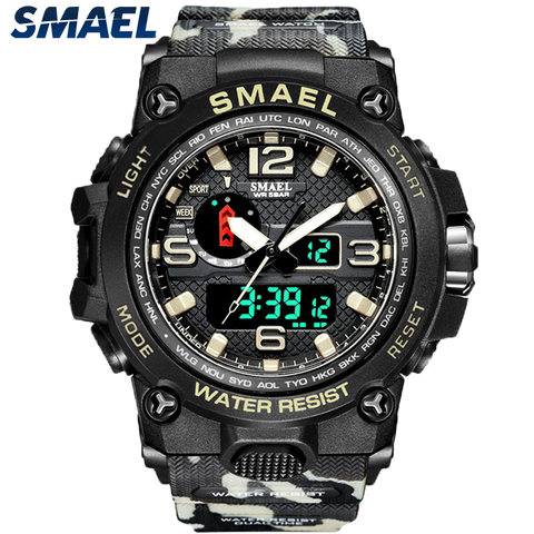 SMAEL Watches For Men 50M Waterproof Clock Alarm reloj hombre 1545D Dual Display Wristwatch Quartz Military Watch Sport New Mens