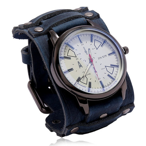 Jessingshow Men Watch Luxury Wristwatch Quartz Wristwatches Fashion Blue Glass Punk Style Mens Watches Wide Leather Bracelets