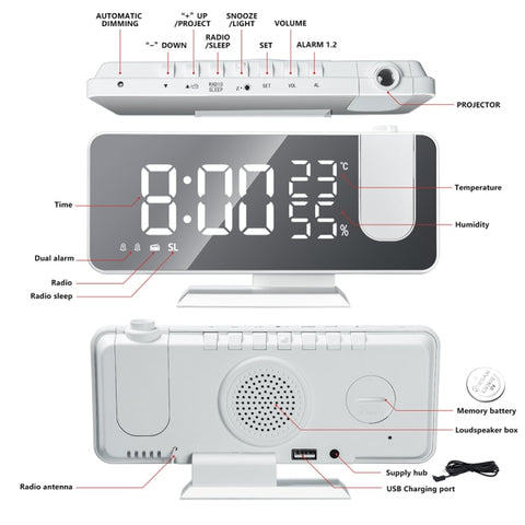 FM Radio LED Digital Smart Alarm Clock Watch Table Electronic Desktop Clocks USB Wake Up Clock with 180° Projection Time Snooze