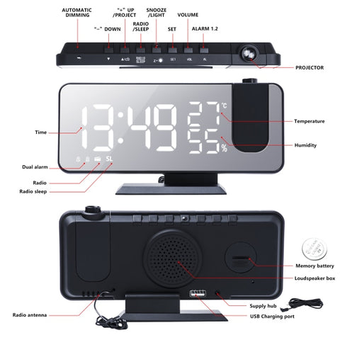 FM Radio LED Digital Smart Alarm Clock Watch Table Electronic Desktop Clocks USB Wake Up Clock with 180° Projection Time Snooze