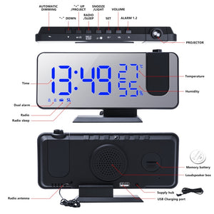 FM Radio LED Digital Smart Alarm Clock Watch Table Electronic Desktop Clocks USB Wake Up Clock with 180° Projection Time Snooze