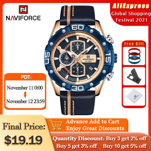 NAVIFORCE Sport Watches for Men Luxury Brand Blue Military Genuine Leather Wrist Watch Man Clock Fashion Chronograph Wristwatch