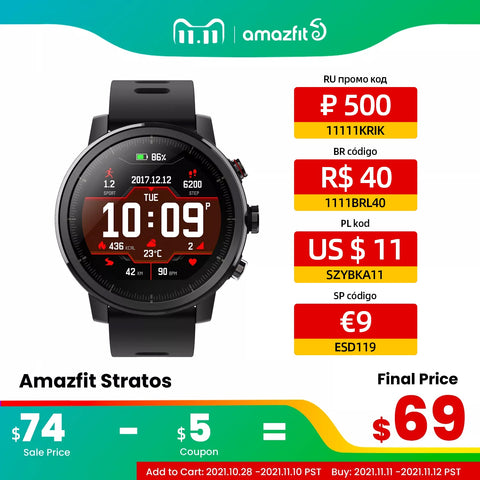 Original Amazfit Stratos Smartwatch Smart Watch GPS Calorie Count 50M Waterproof for Android iOS Phone