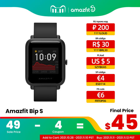 In Stock 2020 Global Amazfit Bip S Smartwatch 5ATM waterproof built in GPS GLONASS Smart Watch for Android iOS Phone